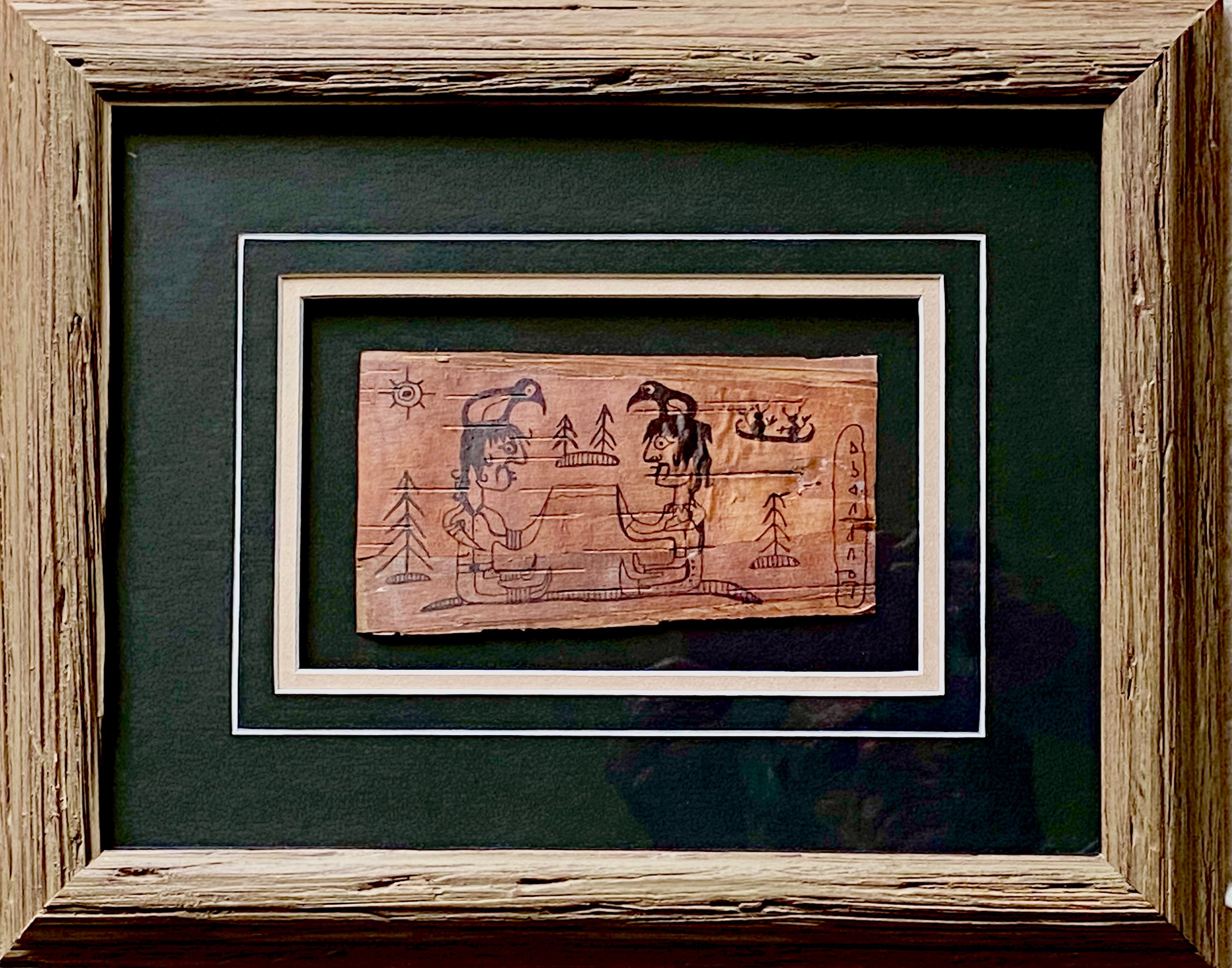 " TWO FIGURES WITH BIRDS " NORVAL MORRISSEAU BIRCH BARK PAINTING 1960'S